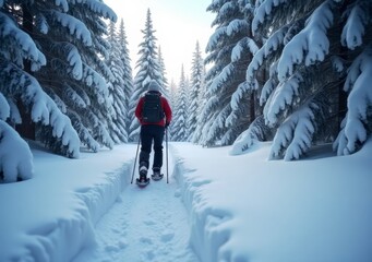 Snowshoer traverses a quiet forest path blanketed in fresh snow