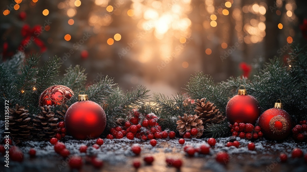 Poster christmas festive scene with fir branches ornaments and decorations surrounded by pinecones and red 