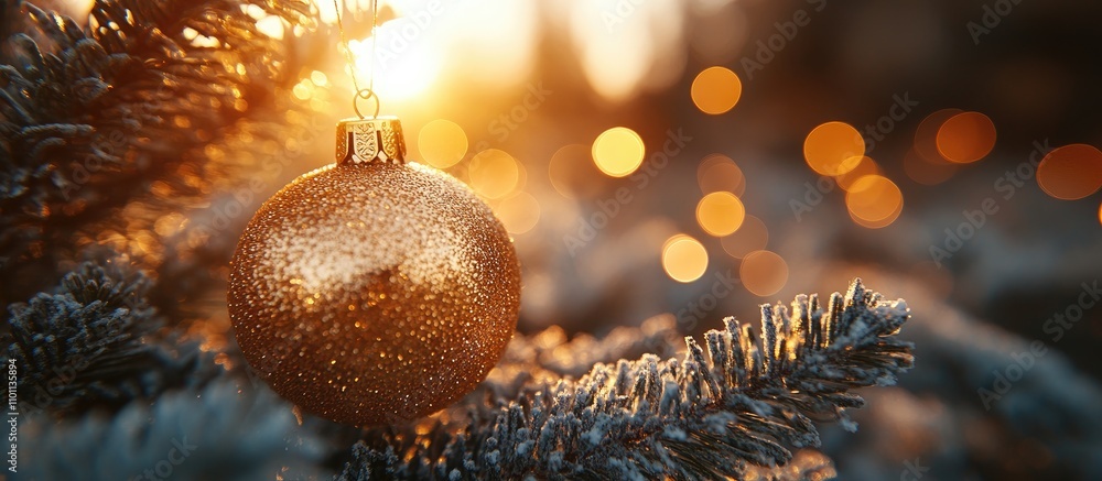 Poster golden christmas ornament on pine tree branches with soft bokeh background creating a warm festive a