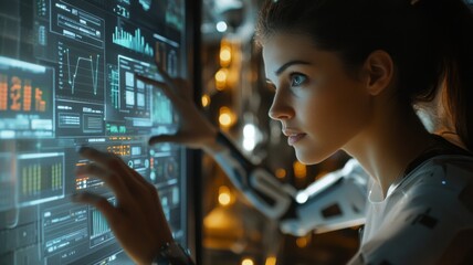 Futuristic Woman Interacting with Advanced Digital Interface in High-Tech Environment