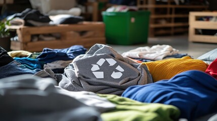 Various clothes are neatly arranged, highlighting a recycling initiative promoting sustainable fashion at a community center - Powered by Adobe