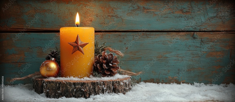 Aufkleber rustic christmas candle decoration with star and pinecones on snow against a weathered wooden backgr