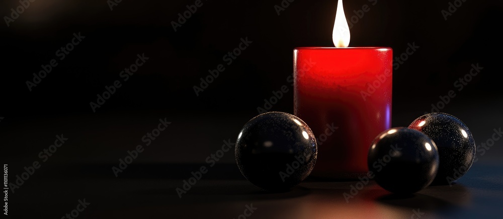 Aufkleber Red candle flame glowing with three glossy spheres on a dark surface creating a dramatic and serene atmosphere in low light setting
