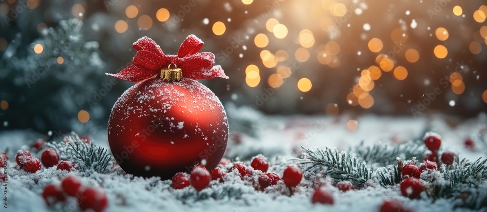 Poster festive christmas ornament on snowy ground with sparkling lights and berries, creating a joyful wint