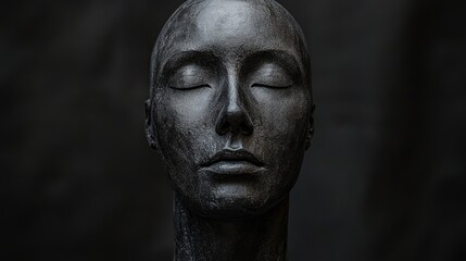 Obraz premium Minimalist black mannequin portrait against dark backdrop showcasing serene expression and artistic details for fashion and design concepts.