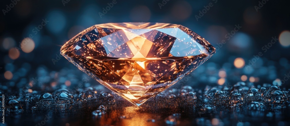 Poster radiant diamond gem sparkling with reflections on a wet surface illuminated by soft light showcasing