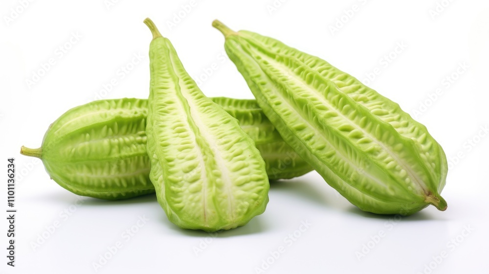 Poster fresh bitter melon fruits arranged elegantly on a clean white surface highlighting their unique text