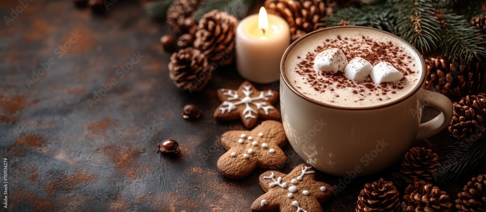 Aufkleber cozy christmas scene with hot drink marshmallows gingerbread cookies and candles on rustic wooden ta