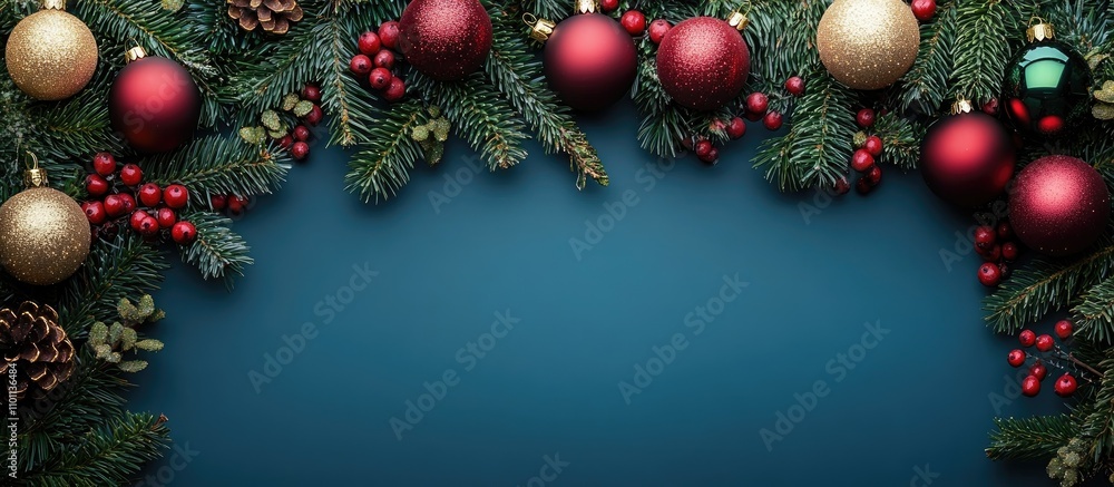 Aufkleber festive christmas decorations with ornaments and pine branches on a blue backdrop creating a cozy ho