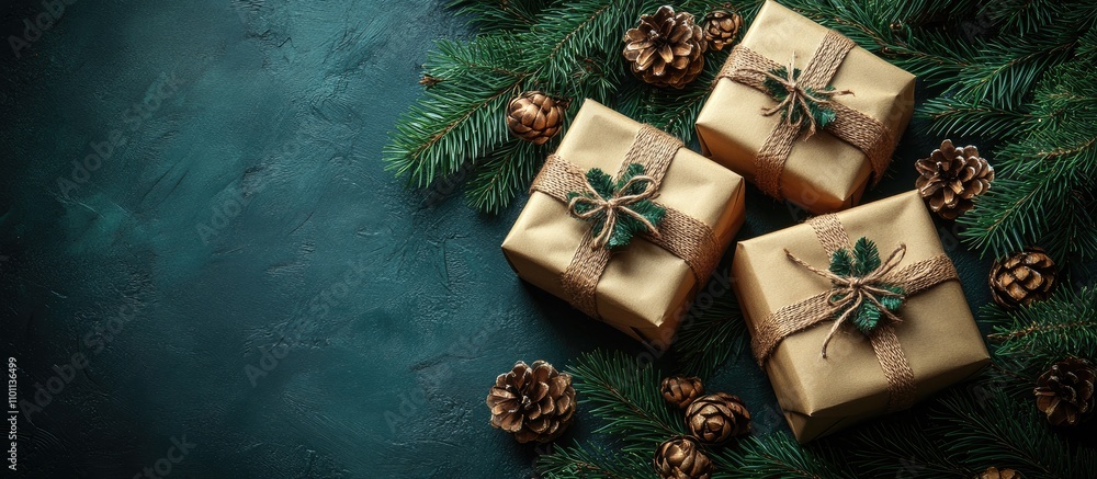 Aufkleber christmas gift giving concept with wrapped presents on evergreen branches and pine cones featuring a