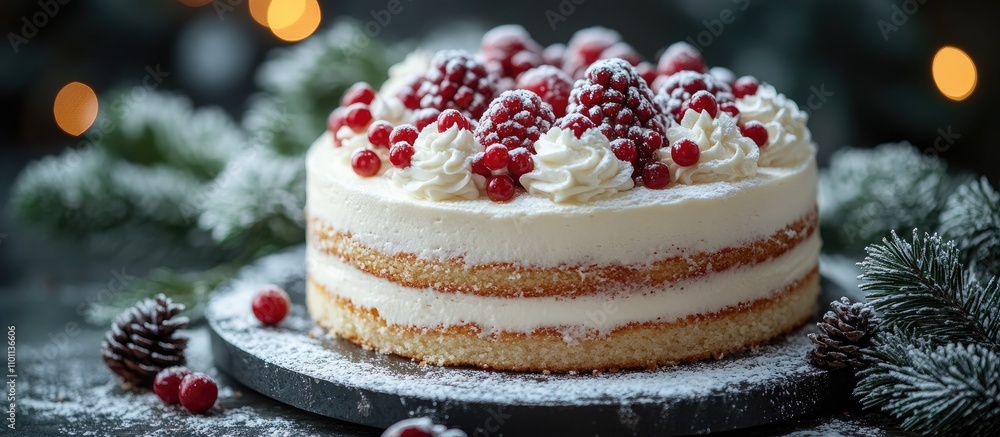 Poster festive white christmas cake adorned with red berries and cream on a rustic table surrounded by pine