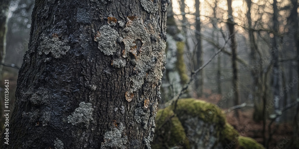 Poster dark beech tree trunk adorned with lichen spots creates a unique texture in a forest setting, highli
