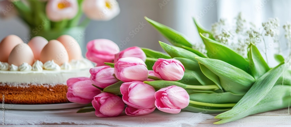 Poster pink tulips arrangement beside a cake and eggs creating a fresh springtime table setting for festive