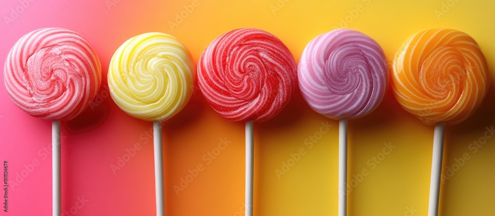 Aufkleber Vibrant rainbow swirl lollipops arranged in a flat lay against a colorful gradient background ideal for creative design projects and advertisements