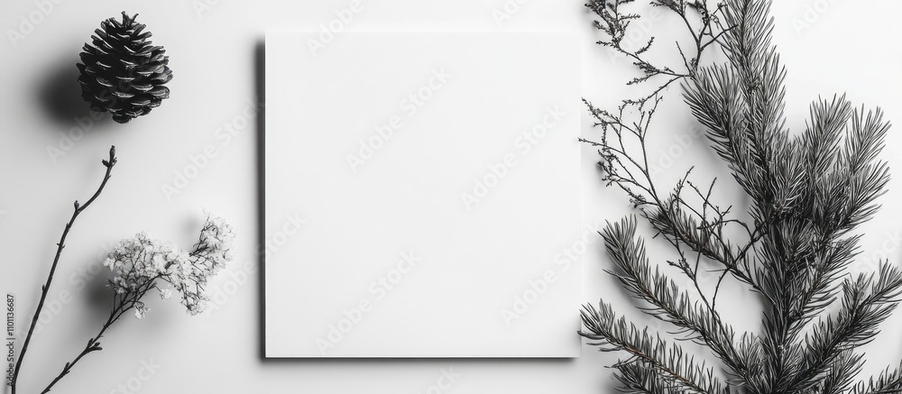 Poster minimalist black and white composition with blank square for text surrounded by green branches pine 