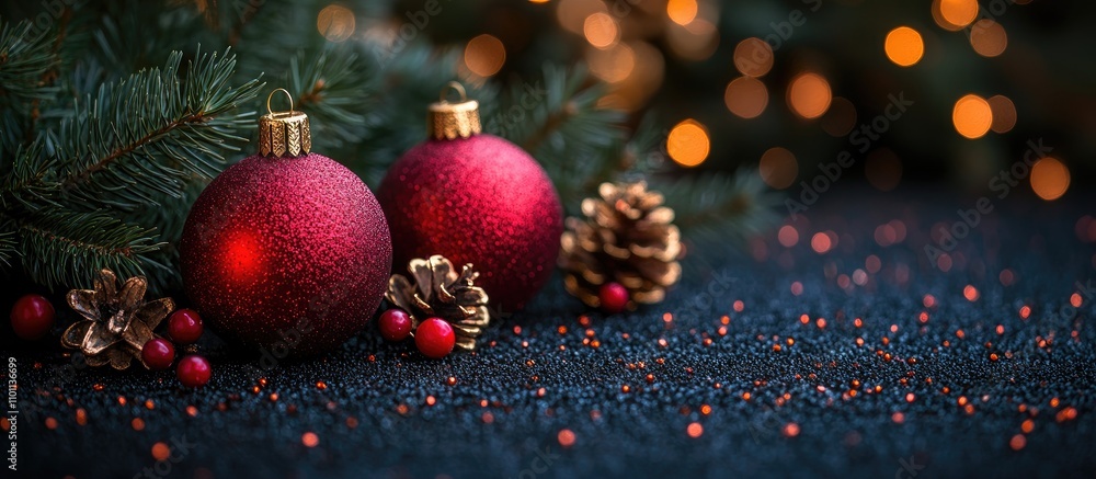 Aufkleber elegant christmas ornaments with pine branches and warm bokeh lights creating a festive atmosphere d