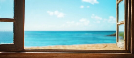 Obraz premium Serene coastal view through a wooden window with clear blue skies and calm sea perfect for holiday relaxation and tranquility