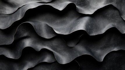 Obraz premium Textured black paper background with soft, wavy folds creating an elegant and modern visual aesthetic for design projects