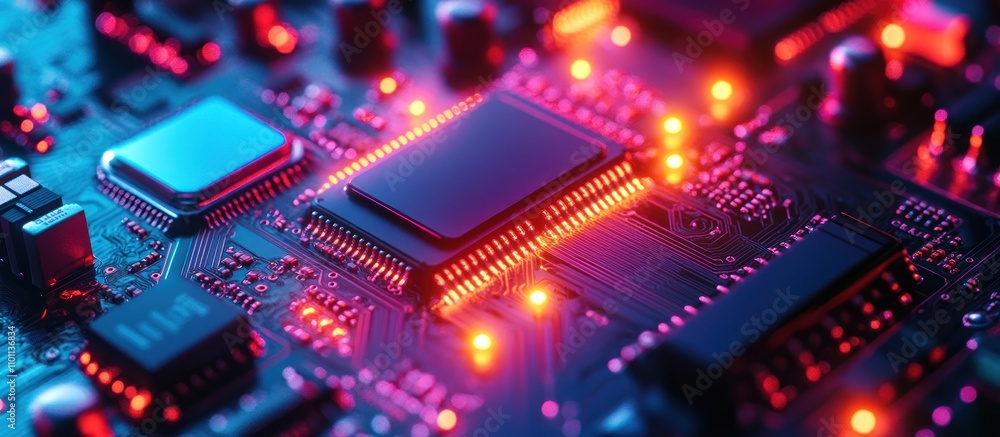 Poster close-up of a circuit board with a processor chip illuminated in red and blue light.