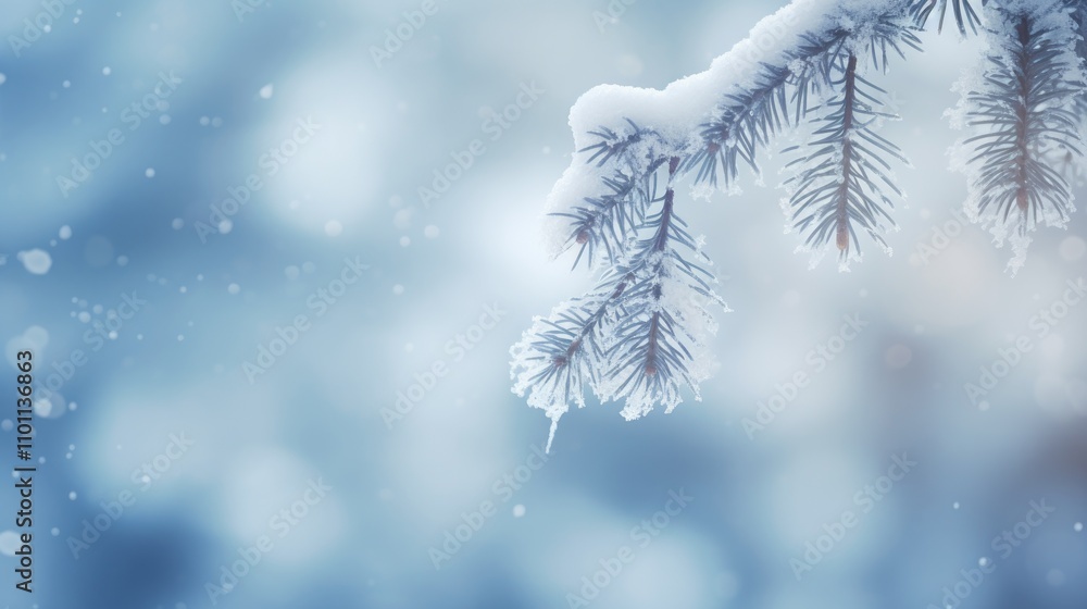 Poster Fir tree branch blanketed in fresh snow with a soft blurred winter background creating a serene and tranquil atmosphere.