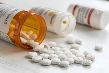 Prescription medicine drug pills scattered on white countertop addiction opioid epidemic crisis painkiller benzodiazepine