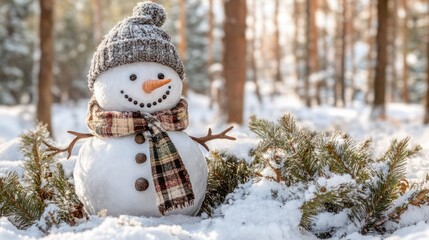Winter holiday christmas background banner - Closeup of cute funny laughing snowman with wool hat and scarf, on snowy snow snowscape landscape in the forest with fir trees
