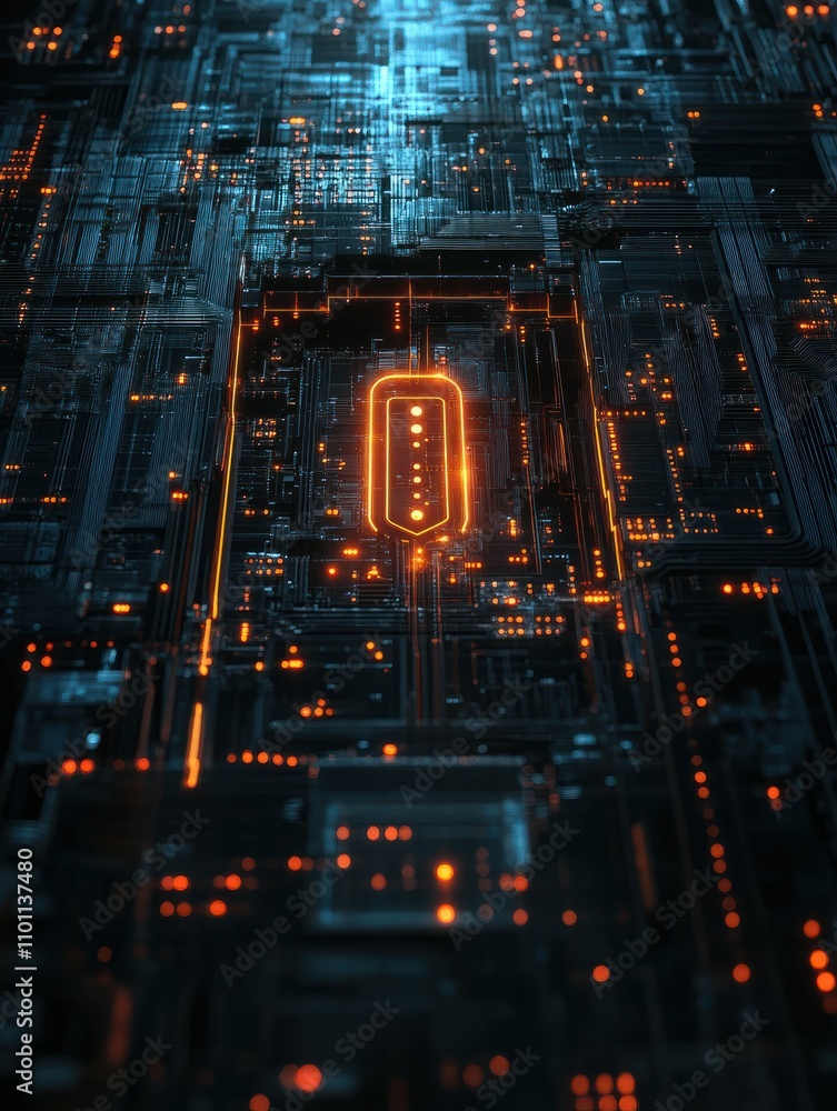 Poster abstract dark wallpaper with perspective view on glowing digital lock sign and circuit scheme. 3d re