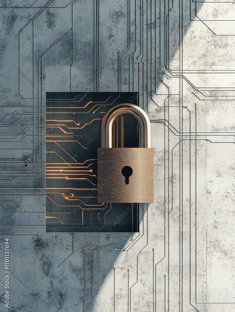 Poster abstract padlock on circuit lines in concrete interior with mock up place. privacy and technology co