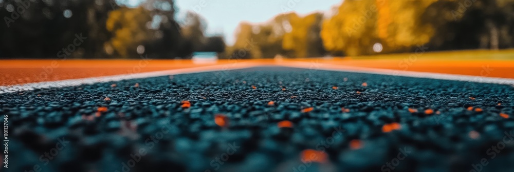 Poster close-up of running track surface with blurred autumnal background.
