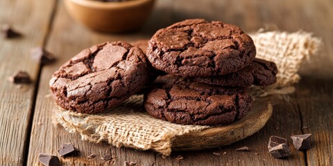 Fototapeta premium Chocolate cookies displayed on a rustic wooden background create an inviting atmosphere. These chocolate cookies are perfect for sharing or enjoying as a delightful treat.