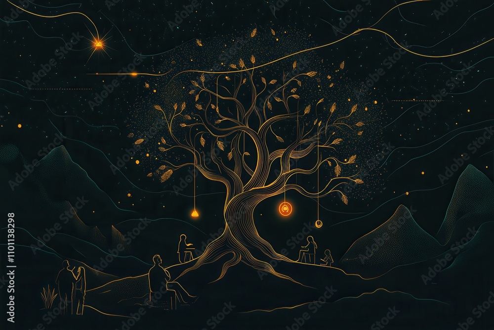 Poster A mystical tree adorned with glowing orbs, surrounded by mountains and a starry sky, creating an enchanting, serene atmosphere.