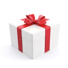 Fototapeta premium A pristine white square gift box adorned with a vibrant red ribbon and bow, isolated on a stark white background. Generative ai