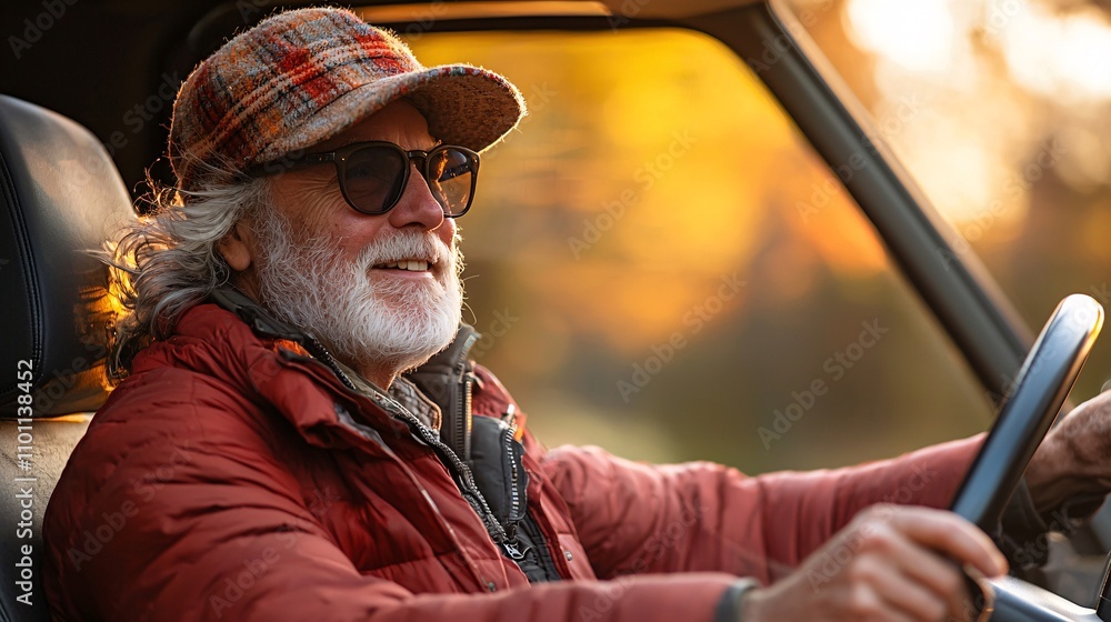 Poster An elderly driver navigating a well-planned obstacle course to enhance confidence behind the wheel Stock Photo with side copy space