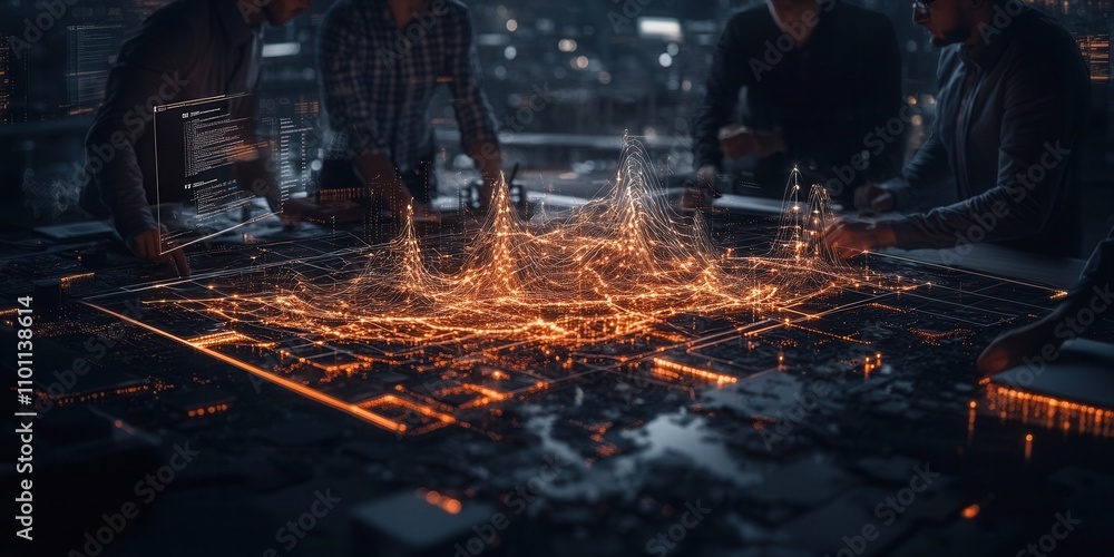 Poster A digital cityscape is illuminated with glowing data points, surrounded by individuals analyzing the vibrant, interactive model.