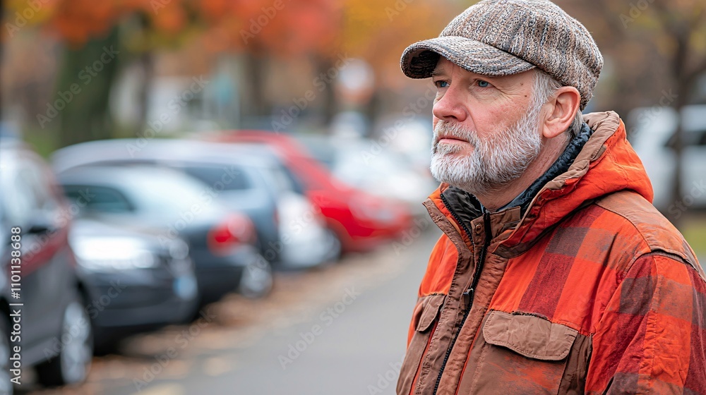 Poster a senior practicing car reversing techniques in a safe, controlled parking area stock photo with sid