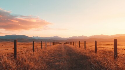Obraz premium A serene landscape at sunset featuring a dirt path bordered by wooden posts, leading towards distant mountains under a colorful sky.