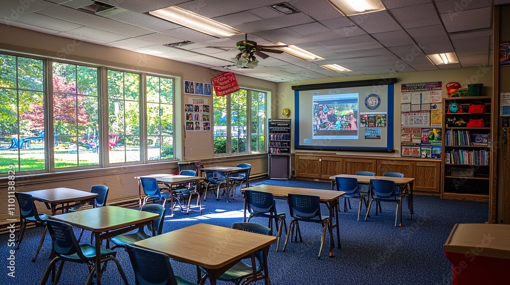 Poster A classroom setup with instructional videos for elderly students focusing on safety and navigation Stock Photo with side copy space
