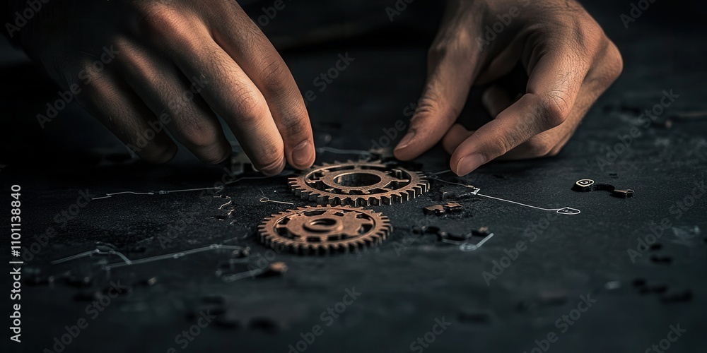 Poster a close-up view of hands assembling wooden gears on a dark surface, highlighting craftsmanship and m