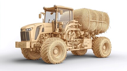 Obraz premium Beige tractor with hay bales isolated on white background. Generative ai