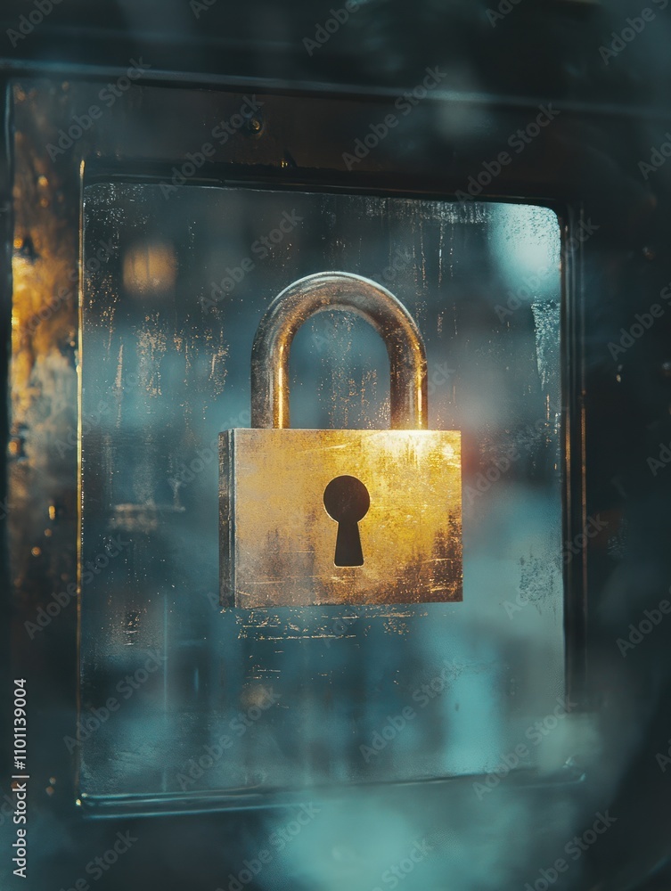 Poster close up of pad with creative padlock interface on blurry background. password and security concept.