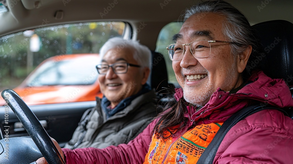 Poster An instructor assisting a senior in understanding vehicle maintenance basics during a driving class Stock Photo with side copy space