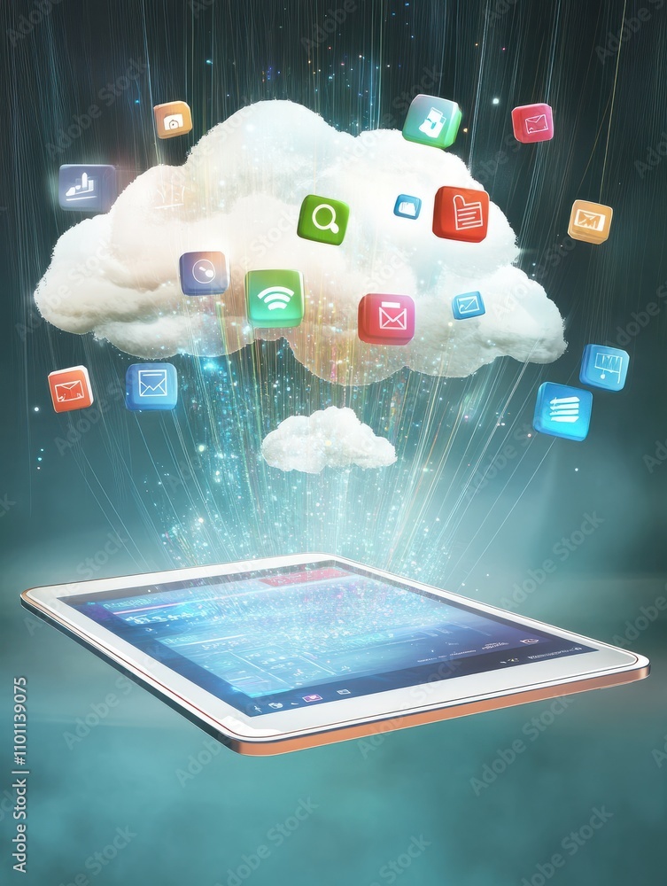 Poster cloud computing concept with digital application icons above digital tablet on abstract background