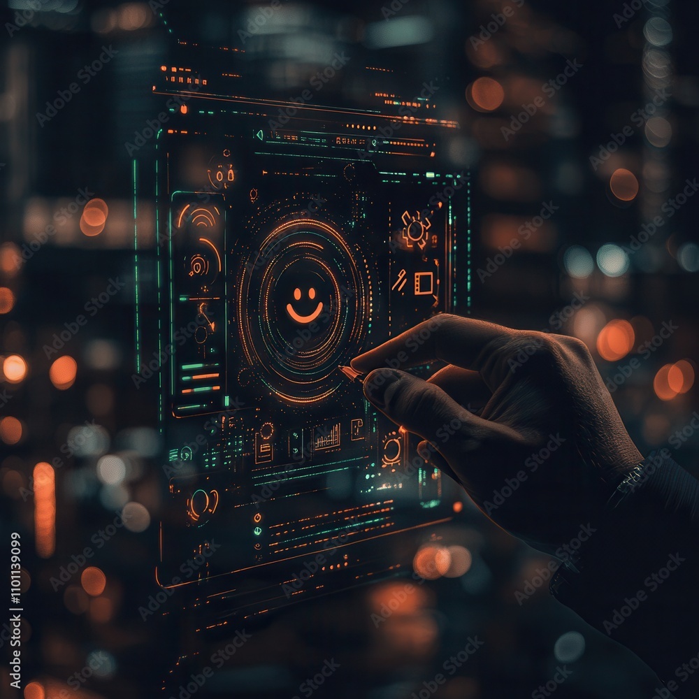 Poster A futuristic interface displays digital controls with glowing graphics, while a hand interacts with a smiley face icon, suggesting advanced technology.