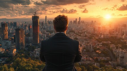 Fototapeta premium A man in a suit watches a stunning sunset over a sprawling cityscape, symbolizing ambition and reflection amid urban beauty.