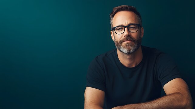 A man in his 40s with a beard and glasses, wearing a black t-shirt and sitting casually with his arms on his knees, against a solid dark teal background.