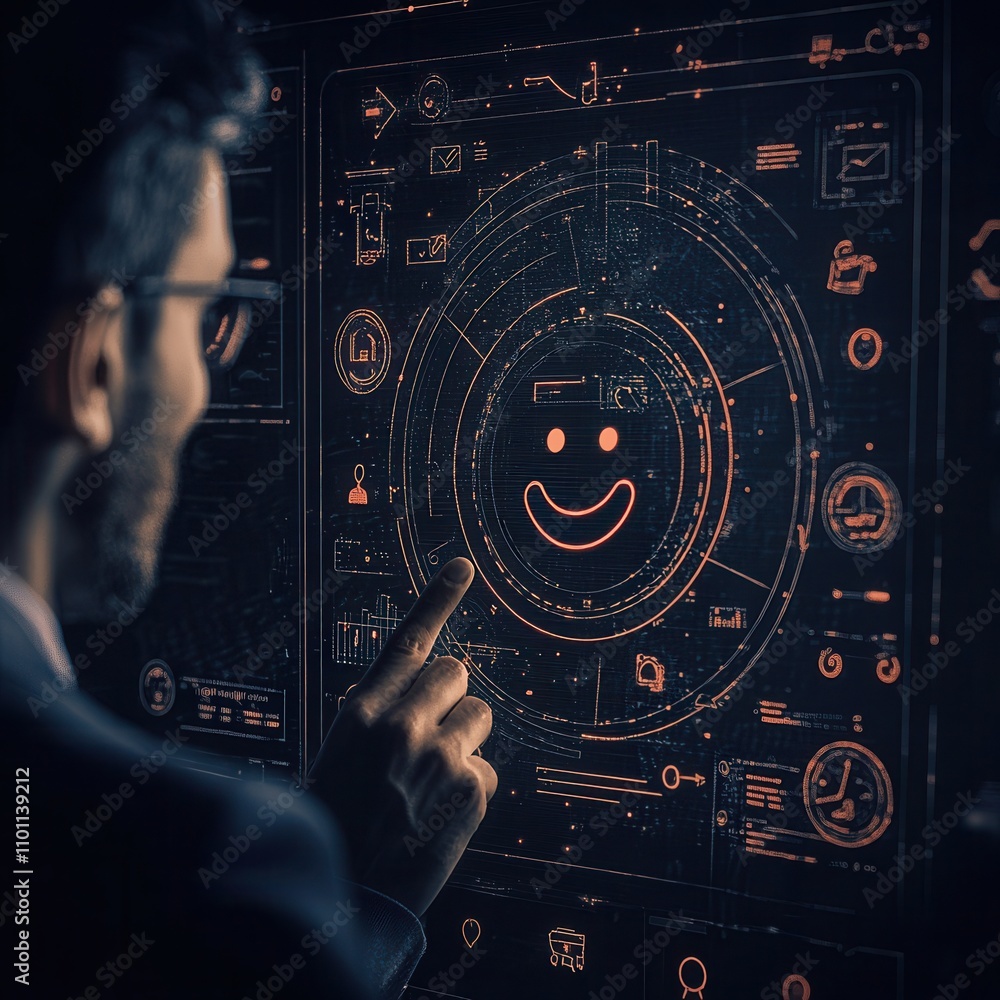 Poster A man interacts with a digital interface displaying a smiling emoji, suggesting engagement with technology or user experience design.