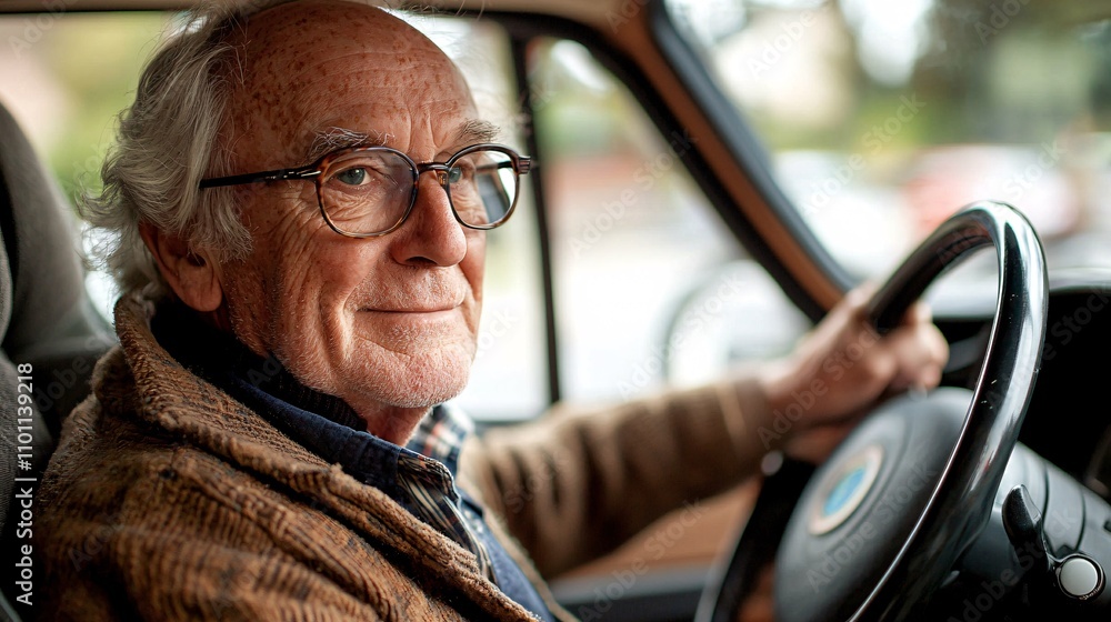 Poster An elderly driver learning to integrate GPS navigation into their daily driving routines Stock Photo with side copy space