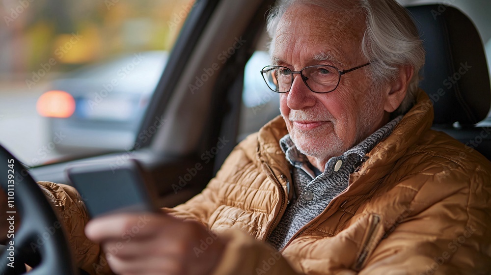 Poster An elderly driver learning to integrate GPS navigation into their daily driving routines Stock Photo with side copy space