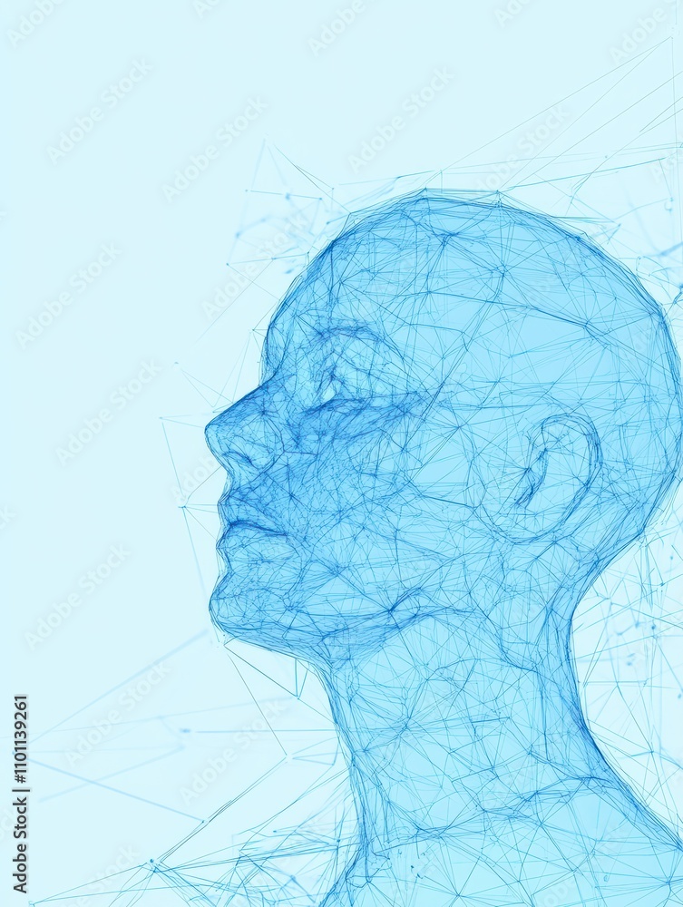 Poster creative blue background with head outline, polygonal connections and mock up place. ai, artificial 