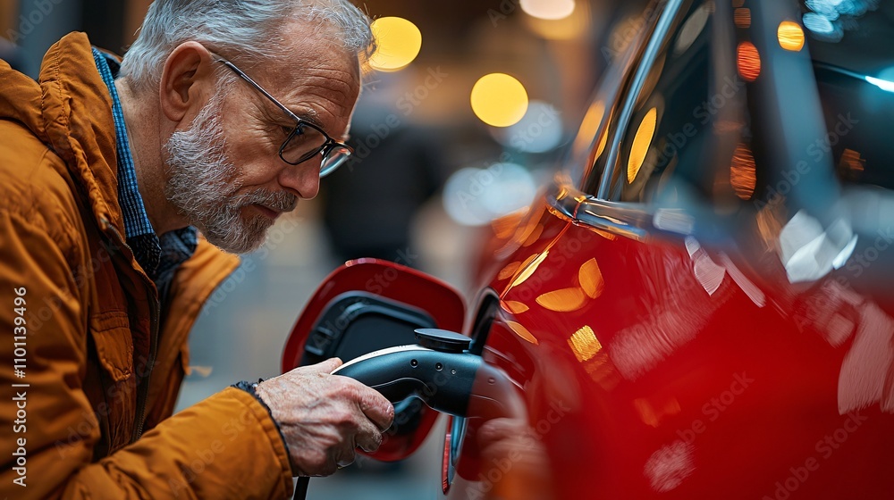 Poster an elderly participant focusing on adaptive techniques for operating electric vehicles stock photo w